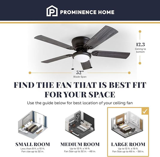 Prominence Home Benton Traditional 52 Inch Ceiling Fan with Light, LED Flush Mount Ceiling Fan, Indoor Fan with 5 Blades, Matte Black and Gray Cedar Blade Finish Options, Matte Black (50853-01)