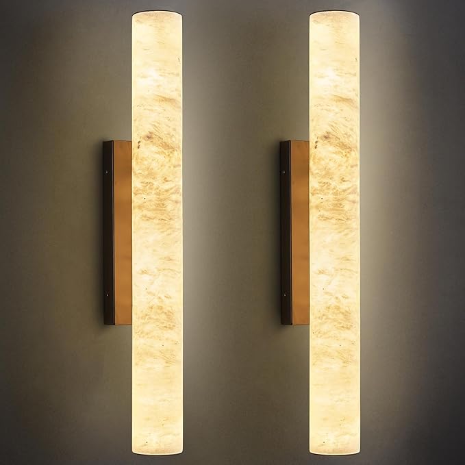 LMQNINE Natural Alabaster Wall Sconces Set of Two Spanish Marble Wall Light Cylinder Modern Black LED Sconce for Living Room Bedroom Bathroo Stairs（M-2Pack）