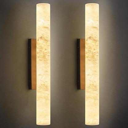 LMQNINE Natural Alabaster Wall Sconces Set of Two Spanish Marble Wall Light Cylinder Modern Black LED Sconce for Living Room Bedroom Bathroo Stairs（M-2Pack）