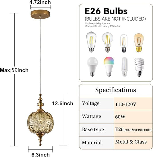 Vintage Amber Pendant Light Fixtures E26 Bulb Pendant Lights for Bedroom Living Room Dining Room Kitchen Island Hallway