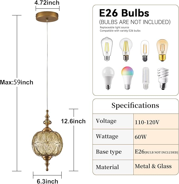 Vintage 2-Pack Pendant Light Fixtures Amber Glass Ceiling Pendant Lighting for Bedroom Living Room Dining Room with Original Vintage Design