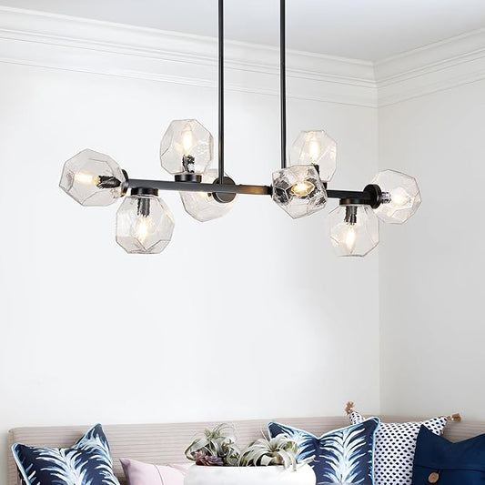 Jonsi Modern Linear Chandeliers 8 Light Clear Glass Dining Room Light Fixture 39"" Black Mid Century Chandelier Pendant Light for Living Room Kitchen Island