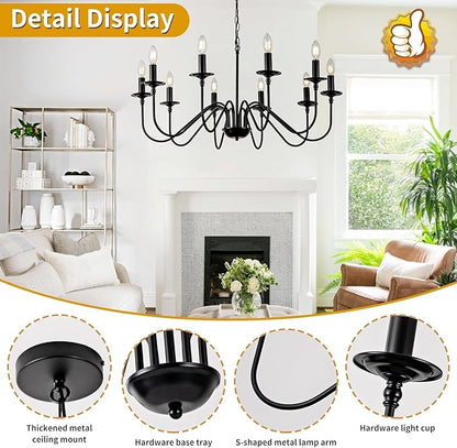Black Farmhouse Chandeliers, 10 Light S-Arm Modern Candle Hanging Pendant Light, Industrial Rustic Metal Ceiling Kitchen Island Lights for Living Room, Entryway, Foyer, Bedroom, Dining Room