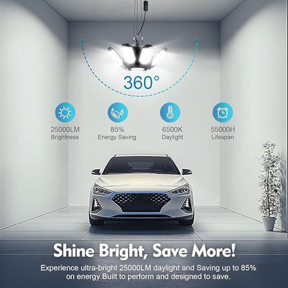 TANBABY 2 Pack LED Garage Lights, 250W Deformable Garage Light, Total 50000LM 6500K Daylight, 8+1 Adjustable Panels, Plug-in Cord Ceiling Light for Basement