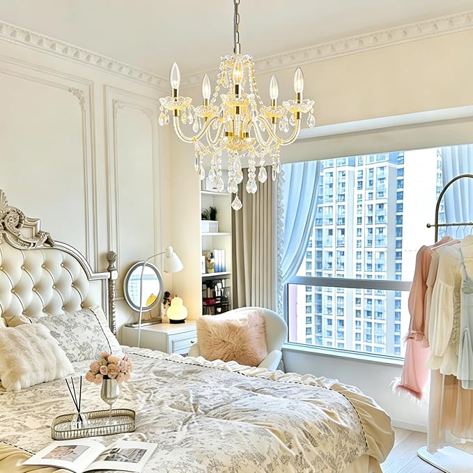PAPAYA Plug-in 5 Light Gold Crystal Hanging Pendant Lights Acrylic Chandelier with Cord & On/Off Switch H19 D19.7 for Kitchen Island Girls' Room Dining Area Laundry Pavilion