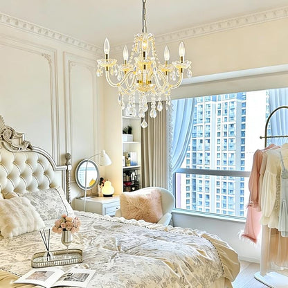 PAPAYA Plug-in 5 Light Gold Crystal Hanging Pendant Lights Acrylic Chandelier with Cord & On/Off Switch H19 D19.7 for Kitchen Island Girls' Room Dining Area Laundry Pavilion