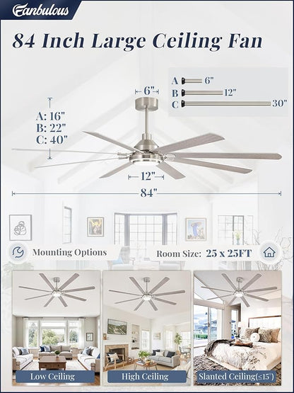 Fanbulous 84 Inch Ceiling Fans with Lights and Remote, Brushed Nickel Ceiling Fan with 8 Dual-Color Blades, Indoor/Outdoor Large Ceiling Fans, Reversible DC Motor, 6-Speed, 3CCT for Living Porch Patio