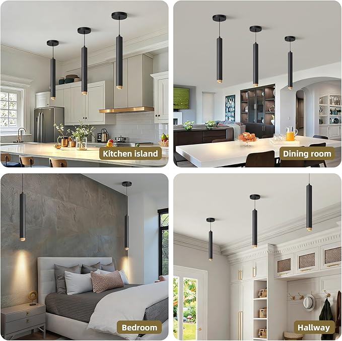 OKELI Modern Black LED Pendant Light for Kitchen Island, 3 Pack – Dimmable Zoomable Pendant, Adjustable Beam Angle, 3 Color Temps 2700K/4000K/6000K, Mini Hanging Light for Bar or Bedroom, 7W 15"