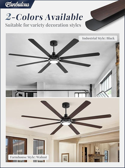 Fanbulous 84 Inch Ceiling Fans with Lights and Remote, Black Ceiling Fan with 8 Dual-Color Blades, Indoor/Outdoor Large Ceiling Fans, Reversible DC Motor, 6-Speed, 3CCT for Living Room Kitchen Patio