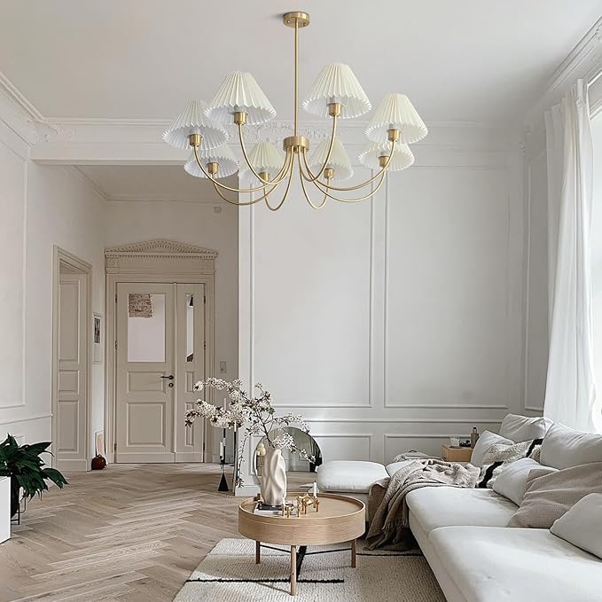 KCO Lighting Brushed Brass Sputnik Chandelier Gold Metal Chandelier with White Pleated Fabric Shades 8-Lights Ceiling Chandelier Light Fixture Mid Century Modern Chandelier