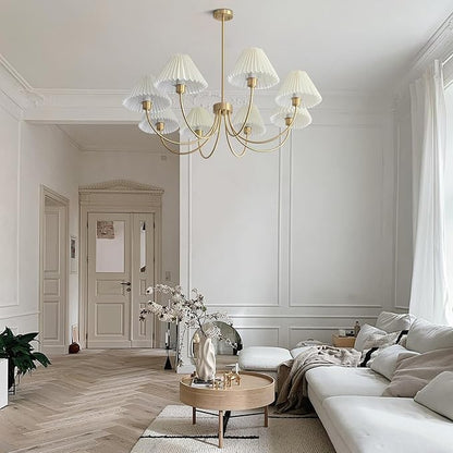 KCO Lighting Brushed Brass Sputnik Chandelier Gold Metal Chandelier with White Pleated Fabric Shades 8-Lights Ceiling Chandelier Light Fixture Mid Century Modern Chandelier