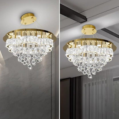 Flashing God W24inches Modern Gold Chandeliers Flush Mount Ceiling Chandeliers for High Ceiling Small Hanging Chandelier Light Fixture Bedroom Dining Room Living Room LED Dimming 2700k 4500k 6000k