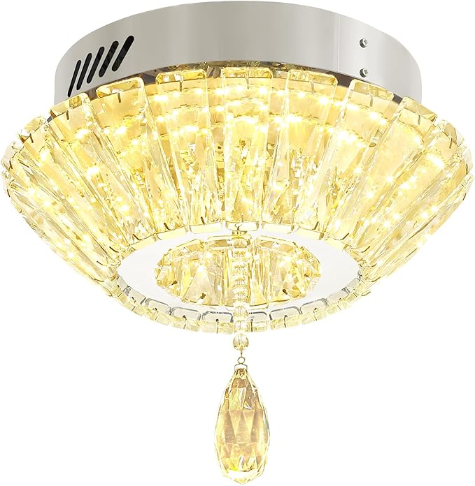 Silver 12'' LED Mini Crystal Chandelier Dimmable Flush Mount Ceiling Light for Hallway Modern Living Room Bedroom Dining Room Foyer