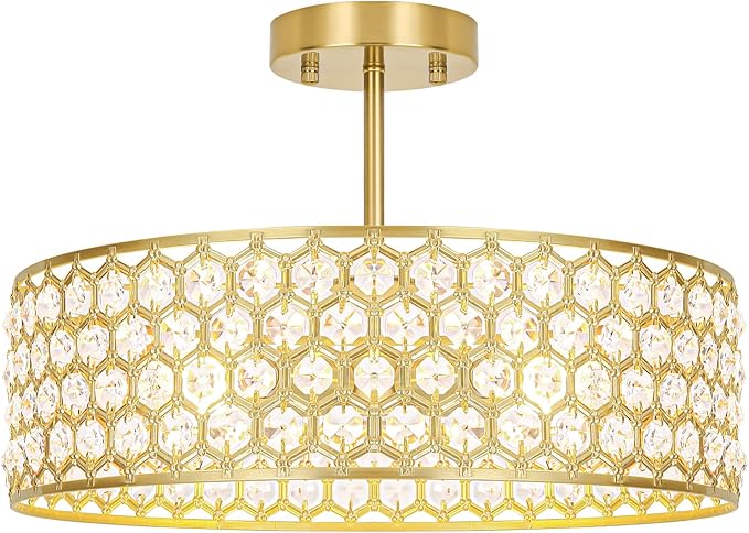 Lxybcce Gold Crystal Ceiling Light Fixture - Modern Semi Flush Mount Ceiling Chandelier Lighting for Kitchen, Dazzling Prism Chandelier for Bedroom, Bathroom, Dining Room, 5 Light, 16 in