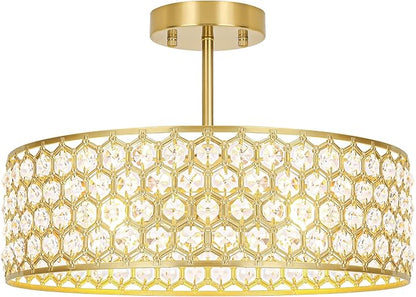 Lxybcce Gold Crystal Ceiling Light Fixture - Modern Semi Flush Mount Ceiling Chandelier Lighting for Kitchen, Dazzling Prism Chandelier for Bedroom, Bathroom, Dining Room, 5 Light, 16 in