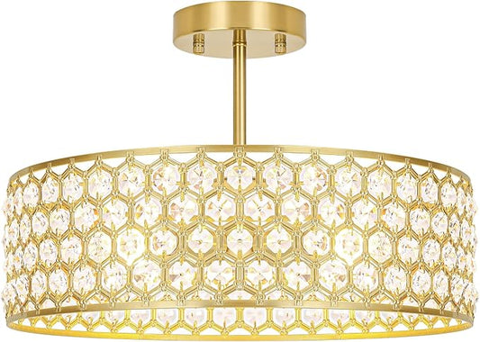 Lxybcce Gold Crystal Ceiling Light Fixture - Modern Semi Flush Mount Ceiling Chandelier Lighting for Kitchen, Dazzling Prism Chandelier for Bedroom, Bathroom, Dining Room, 5 Light, 16 in