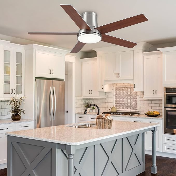 52 Inch Ceiling Fans with Lights and Remote,Nickel Flush Mount Ceiling Fan,Quiet 6 Speed Reversible DC Motor,3CCT Dimmable LED,3 Timers-Low Profile Design for Bedroom Kids Room Living Room