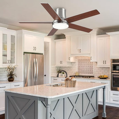 52 Inch Ceiling Fans with Lights and Remote,Nickel Flush Mount Ceiling Fan,Quiet 6 Speed Reversible DC Motor,3CCT Dimmable LED,3 Timers-Low Profile Design for Bedroom Kids Room Living Room