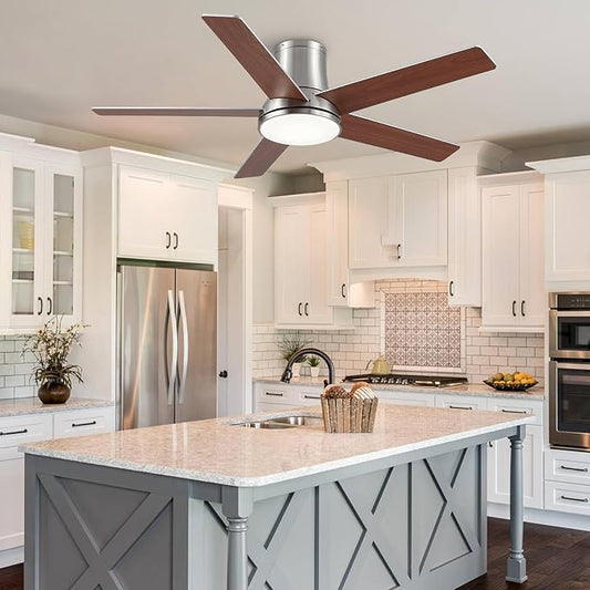 52 Inch Ceiling Fans with Lights and Remote,Nickel Flush Mount Ceiling Fan,Quiet 6 Speed Reversible DC Motor,3CCT Dimmable LED,3 Timers-Low Profile Design for Bedroom Kids Room Living Room