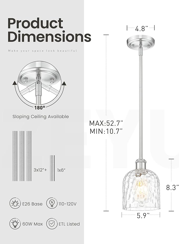 zeyu Industrial Pendant Light,1-Light Hanging Light Fixture Kitchen, Brushed Nickel Hanging Light with Clear Hammered Glass, ZJF63MIL-L BN
