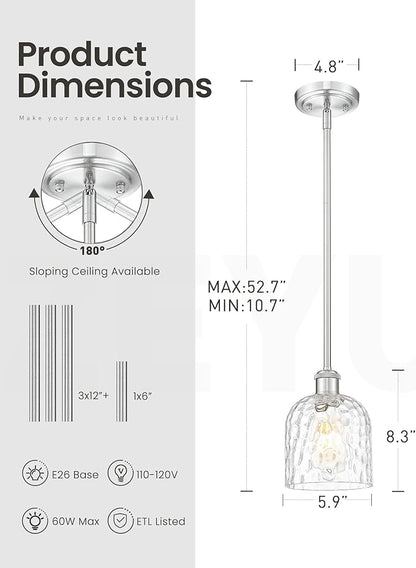zeyu Adjustable Hanging Lights for Kitchen, Large Pendant Lights Kitchen Island, Modern Hanging Pendant Lights 2 Pack with Clear Hammered Glass, Brushed Nickel Finish, ZJF63MIL-L-2PK BN