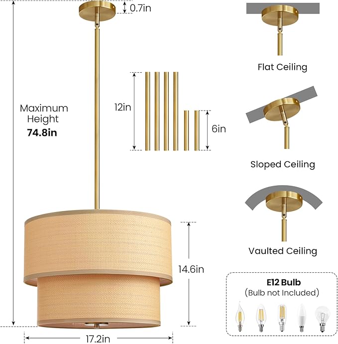 RUIYEY Rattan Chandelier Light Fixtures: 17 inch Boho Pendant Lights with Wicker Lampshade, E12 5 Lights Height Adjustable Hand Woven Hanging Drum Chandeliers for Dining Room Kitchen Living Room