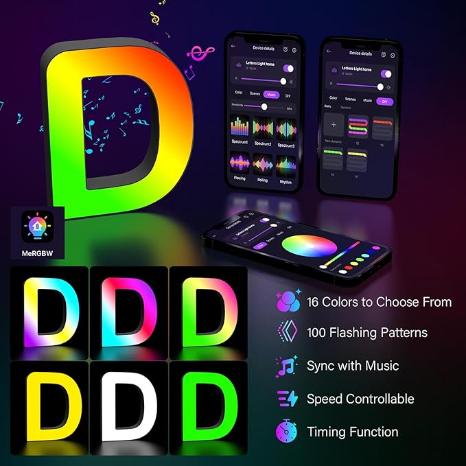 Light Up Letters Marquee Letter - Music Sync RGB Color Changing LED Lights Letter Logo Game Lights for Girls Women Party Birthday Christmas Valentine's Day Wall Desktop Decoration (MRGB-D)