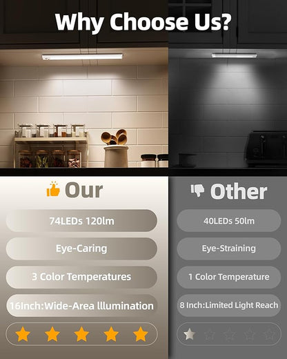 6Pack 16inch Under Cabinet Lighting, Rechargeable Motion Sensor Light Wireless Indoor, Dimmable 3 Color Temps Closet Lights with Remote, Under Counter LED Lights for Kitchen, Stairs
