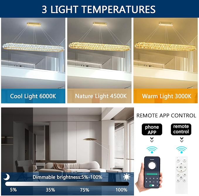 59'' Modern Oval Chandelier Crystal Chandeliers for Dining Room Round Ceiling Light Fixture for Living Room Lighting LED Dimmable with Remote Ring Lights Gold