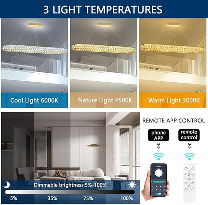 59'' Modern Oval Chandelier Crystal Chandeliers for Dining Room Round Ceiling Light Fixture for Living Room Lighting LED Dimmable with Remote Ring Lights Gold