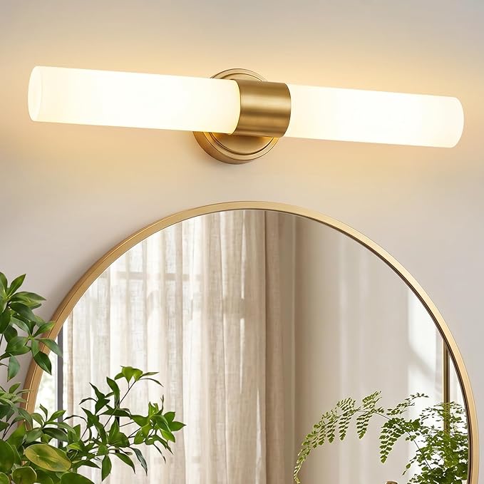 Brushed Gold Wall Sconce, Bathroom Sconces Wall Lighting with Milky White Glass, Modern Sconces Wall Light fixturesfor Bathroom Mirror Bedroom Living Room Hallway (Hardwired)