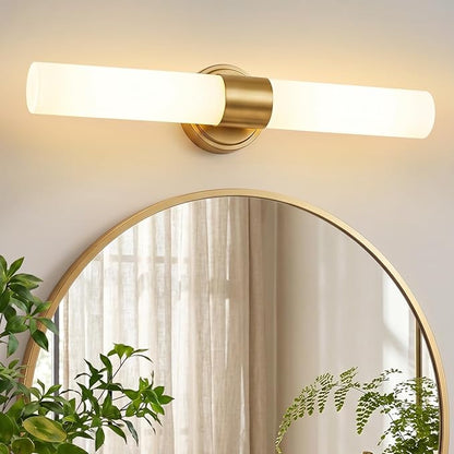 Brushed Gold Wall Sconce, Bathroom Sconces Wall Lighting with Milky White Glass, Modern Sconces Wall Light fixturesfor Bathroom Mirror Bedroom Living Room Hallway (Hardwired)