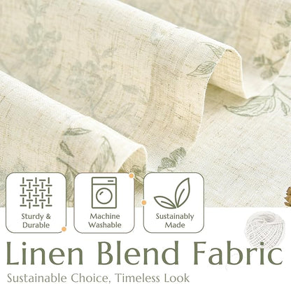 jinchan Floral Linen Kitchen Curtains with Attached Valance 24 Inch Length Farmhouse Cafe Tier Curtains for Living Room Bathroom Rustic Half Window Light Filtering Small Drapes 2 Panels Green