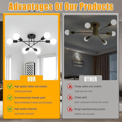 SPOLI Sputnik Ceiling Light Fixture, Dining Room Chandelier, Modern 6-Light All Black Industrial Pendant Semi Flush Mount for Kitchen Living Bedroom, E26 Base, Bulbs Not Included