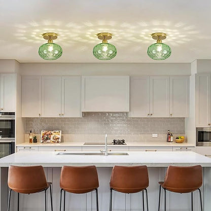 Luafac Green Glass Semi Flush Mount Ceiling Light - 7.9 Inch Hammered Art Deco Glass Small Hallway Light fixtures, Vintage Gold Flush Mount Ceiling Light for entryway Foyer Laundry Room Kitchen