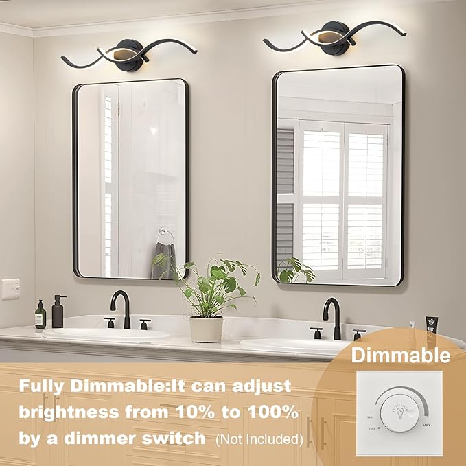 EDISLIVE 24 Inch Black LED Vanity Light, 15W Dimmable Modern Wall Sconce, 3000K Warm White Linear Fixture with Acrylic Strip Shade for Bathroom Mirror Bedroom Makeup
