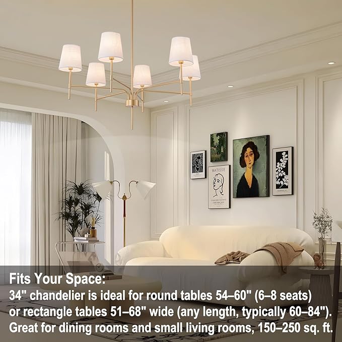 Alynzee Gold Chandeliers for Dining Room, 6-Light Modern Chandelier Light Fixture Over Table, with White Fabric Shade, 34" Large Transitional Kitchen Pendant Lights for Living Room Bedroom Foyer