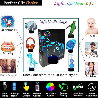 Horse 3D Illusion Night Light, 16 Colors Dimmable LED Bedside Lamp with Touch & Remote Control, USB & Battery Powered Home Decor for Bedroom, Living Room & Holiday Settings