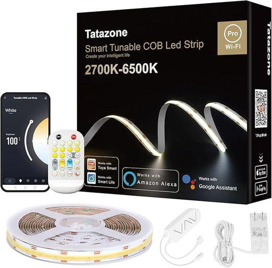 Tatazone 32.8ft Tunable White Smart COB Led Strip Light Kit, CCT 2700K-6500K Bright COB Led Tape Light Compatible with Alexa and Google, Dimmable Indoor COB Led Ribbon for Kitchen Cabinet, Room, TV