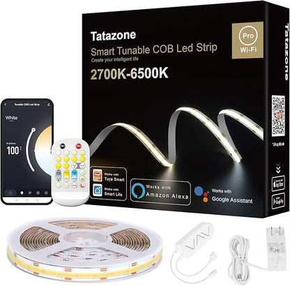 Tatazone 16.4ft Tunable White Smart COB Led Strip Light Kit, CCT 2700K-6500K Bright COB Led Tape Light Compatible with Alexa and Google, Dimmable Indoor COB Led Ribbon for Kitchen Cabinet, Room, TV