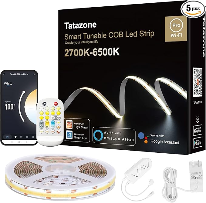 Tatazone 9.84ft Tunable White Smart COB Led Strip Light Kit, CCT 2700K-6500K Bright COB Led Tape Light Compatible with Alexa and Google, Dimmable Indoor COB Led Ribbon for Kitchen Cabinet, Room, TV