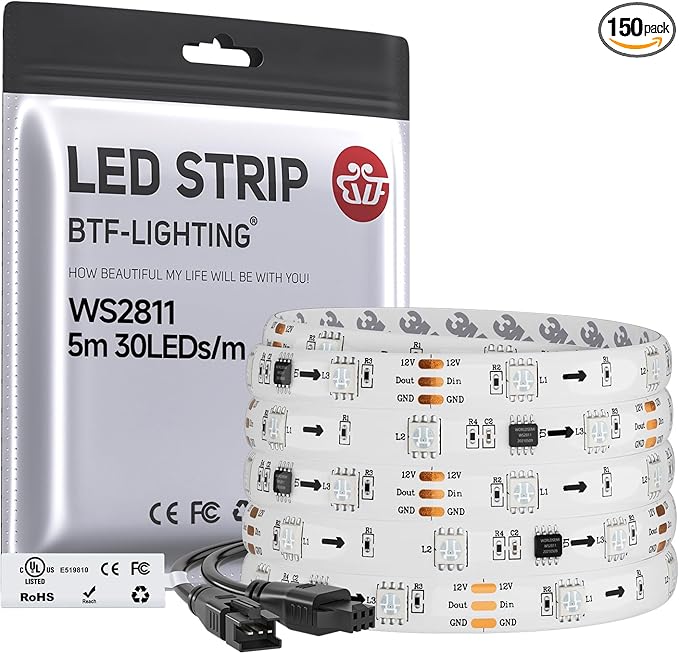 BTF-LIGHTING WS2811 IC=RGB+IC Addressable Color RGB LED Strip,16.4FT 30LED/m 10Pixels/m,IP65 White PCB,UL Listed,Flexible DC12V Chasing Effect for Indoor Home Decor,3M Tape(No Adapter or Controller)