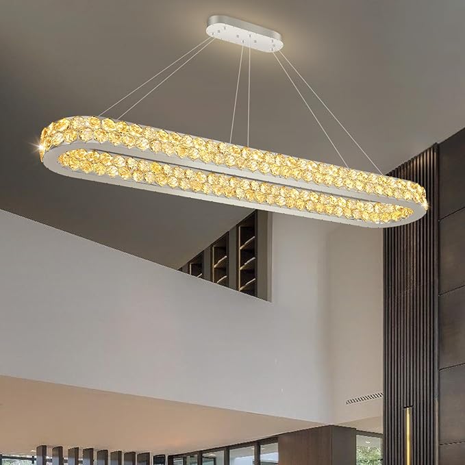 59'' Modern Oval Chandelier Crystal Chandeliers for Dining Room Round Ceiling Light Fixture for Living Room Lighting LED Dimmable with Remote Ring Lights Silver