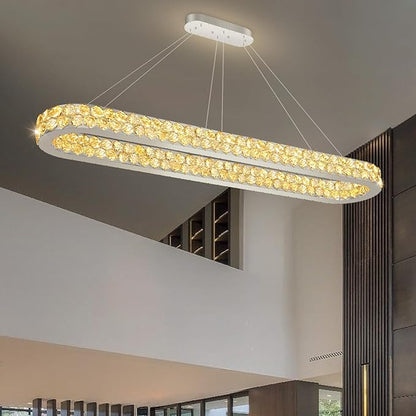 59'' Modern Oval Chandelier Crystal Chandeliers for Dining Room Round Ceiling Light Fixture for Living Room Lighting LED Dimmable with Remote Ring Lights Silver