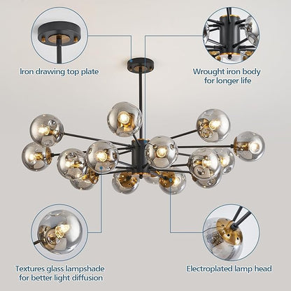 DDLLDESHI 16 Light Chandelier Sputnik Ceiling Light Fixture with Glass Globe Bubble Black Chandeliers for Dining Room Bedroom Kitchen Office Living Room Light Fixture（41" Art Deco Modern Chandelier）