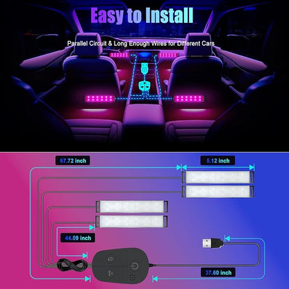 Honalia Car LED Lights Interior, RGB Interior Car Lights with App Control and Music Sync, USB Under Dash LED Lights for Jeeps Trucks SUVs, DC 5V