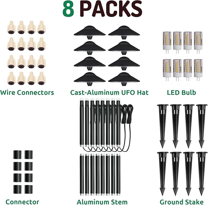 Lumina Lighting® Low Voltage Landscape Lighting Cast-Aluminum Path and Area Light Warm White 3W G4 LED Bulb and ABS Ground Stake Included for Yard Walkway Lawn PAL0108-BKLED8 (Black,8-Pack)