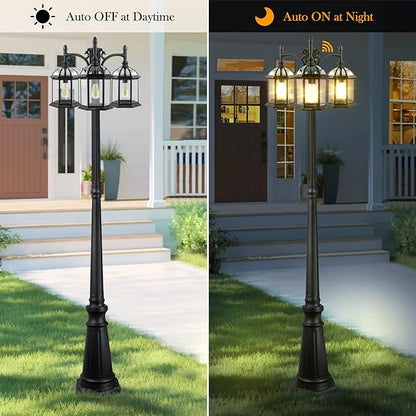 Dusk to Dawn Outdoor Lamp Post Light with 3 LED Bulbs, Triple Head Aluminum Street Light Post for Outside with Sensor, Waterproof Birdcage Pole Lighting Fixture for Backyard Garden Patio Driveway