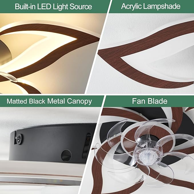 Yfrest Modern Ceiling Fan with Lights, Flush Mount Ceiling Fan with Remote, Low Profile Ceiling Fan with 3 Light Color 6 Speeds, bladeless Ceiling Fans for Kitchen Bedroom (Malnutcolor)