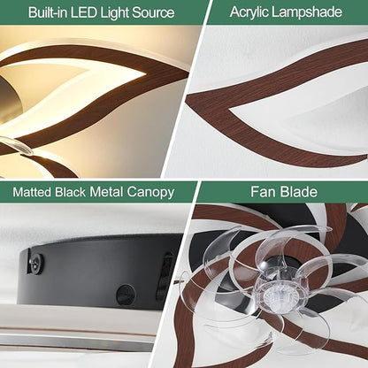 Yfrest Modern Ceiling Fan with Lights, Flush Mount Ceiling Fan with Remote, Low Profile Ceiling Fan with 3 Light Color 6 Speeds, bladeless Ceiling Fans for Kitchen Bedroom (Malnutcolor)